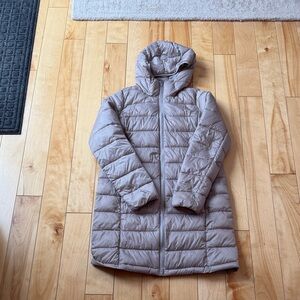 Athleta Taupe Hooded Puffer parka